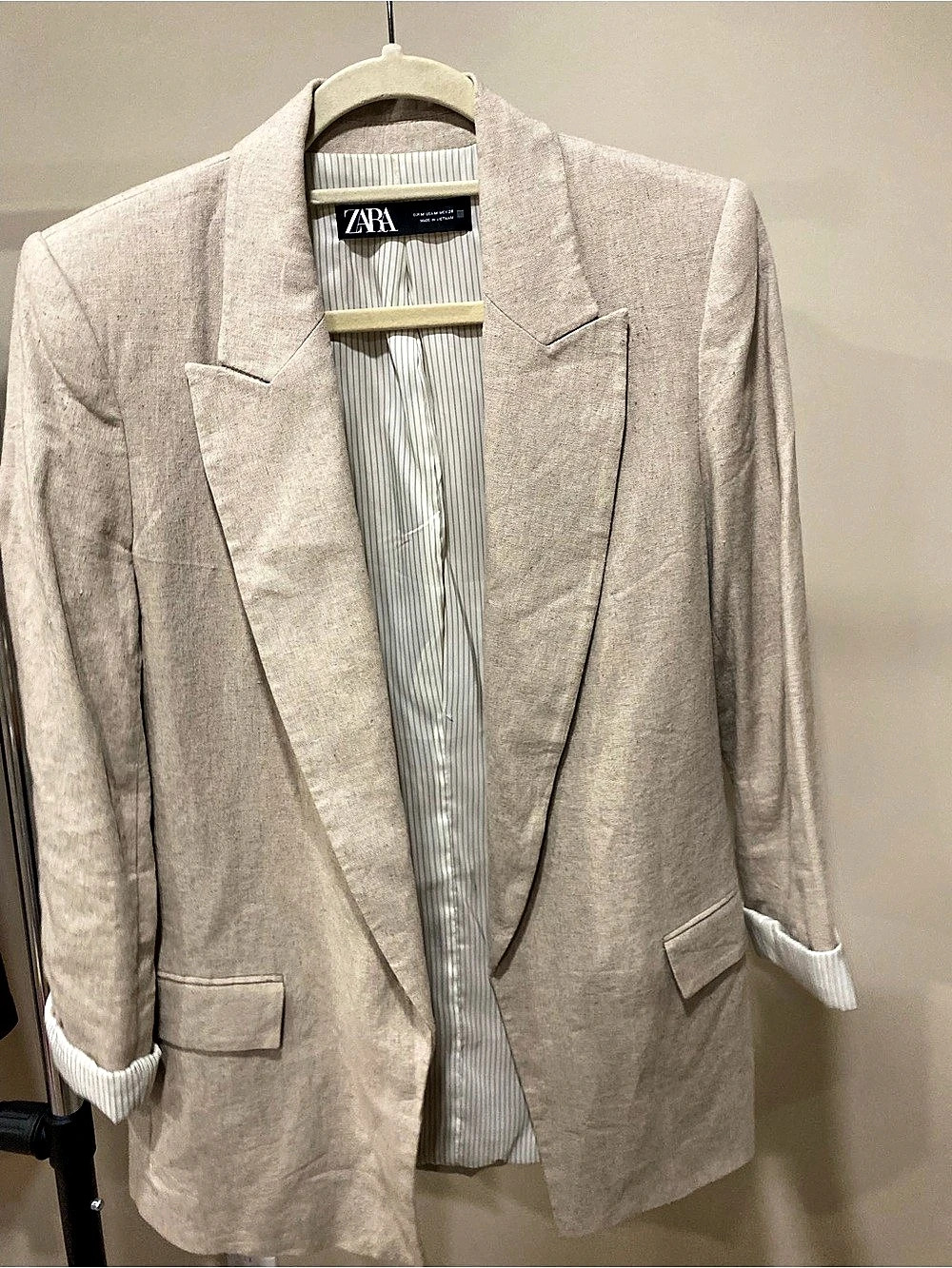 Zara ZW Collection Striped Linen Blend Blazer Beige Medium